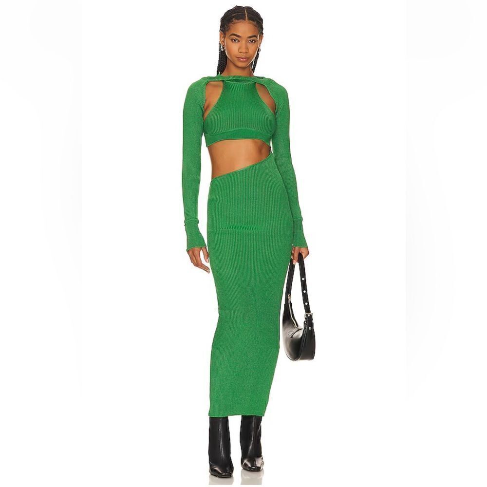 Baobab Alora Hunter Green Knit Maxi Dress Cut out shrug Revolve Frwrd Sz L NWT